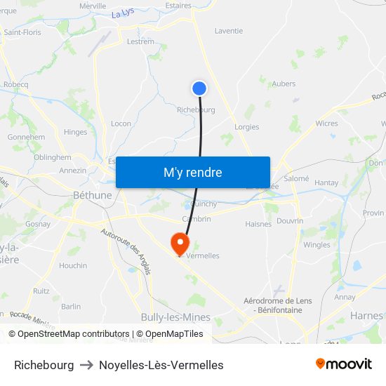 Richebourg to Noyelles-Lès-Vermelles map