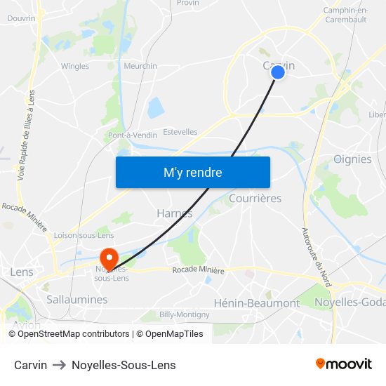 Carvin to Noyelles-Sous-Lens map