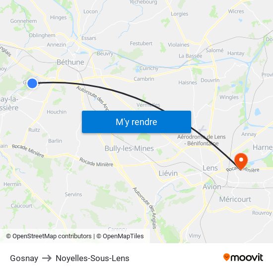 Gosnay to Noyelles-Sous-Lens map