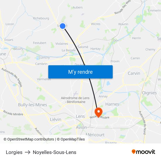 Lorgies to Noyelles-Sous-Lens map