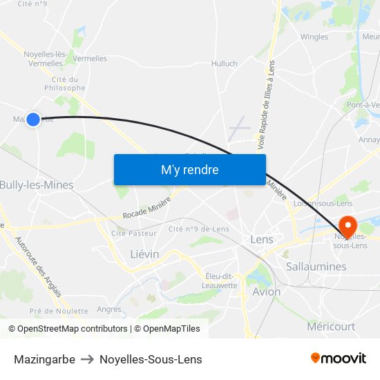 Mazingarbe to Noyelles-Sous-Lens map