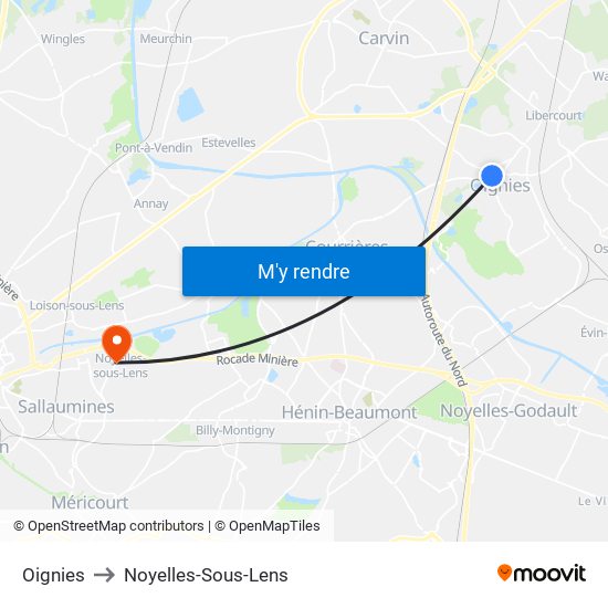 Oignies to Noyelles-Sous-Lens map