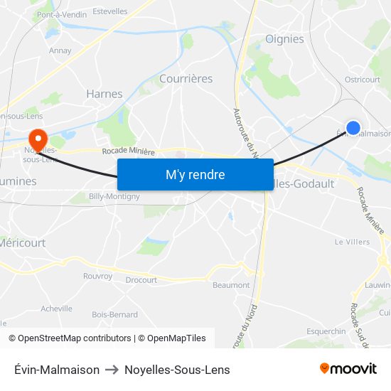 Évin-Malmaison to Noyelles-Sous-Lens map