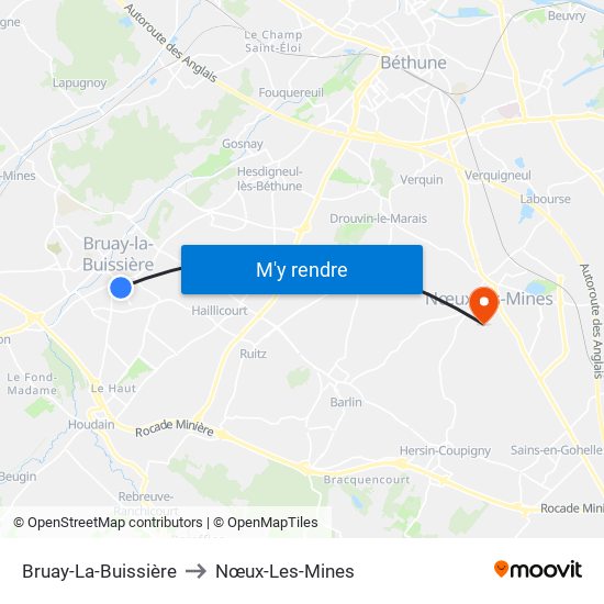 Bruay-La-Buissière to Nœux-Les-Mines map