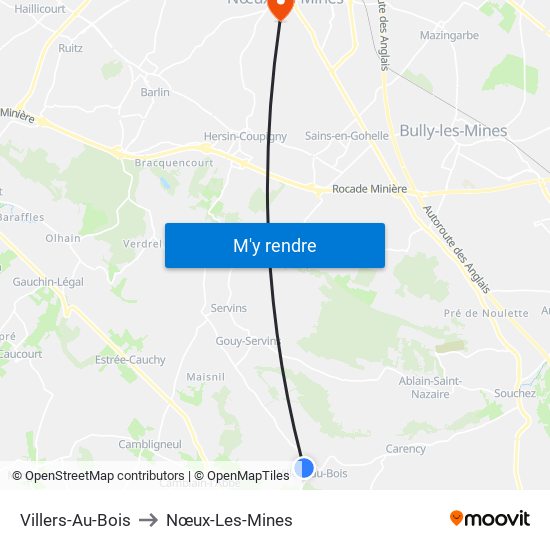 Villers-Au-Bois to Nœux-Les-Mines map
