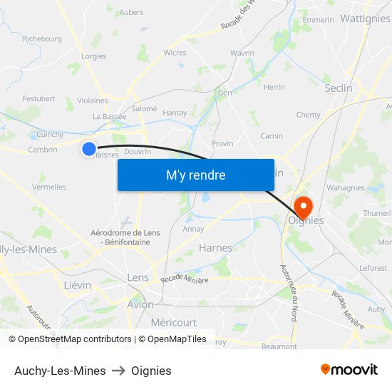 Auchy-Les-Mines to Oignies map