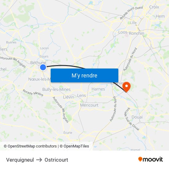 Verquigneul to Ostricourt map