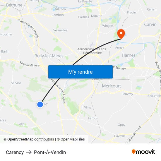Carency to Pont-À-Vendin map