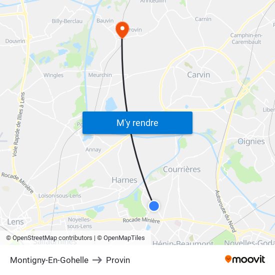 Montigny-En-Gohelle to Provin map