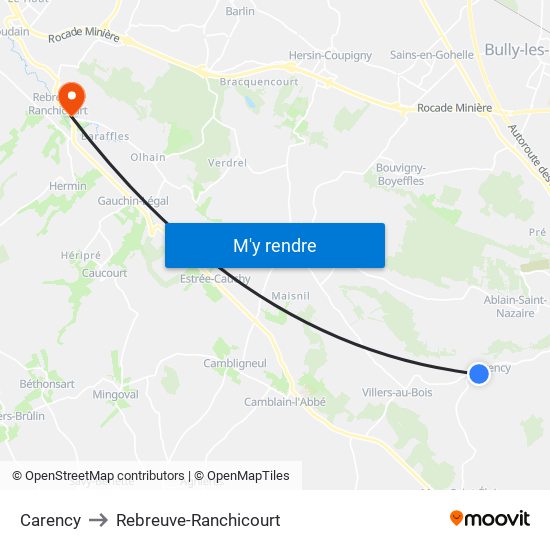 Carency to Rebreuve-Ranchicourt map