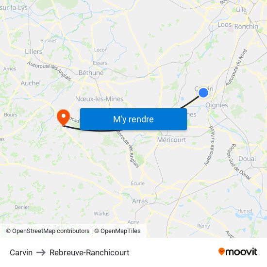 Carvin to Rebreuve-Ranchicourt map