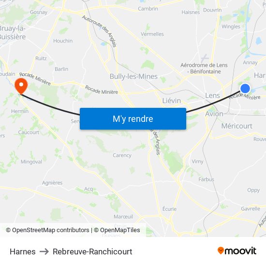 Harnes to Rebreuve-Ranchicourt map