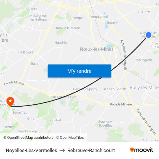 Noyelles-Lès-Vermelles to Rebreuve-Ranchicourt map