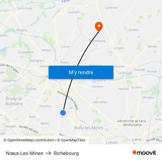 Nœux-Les-Mines to Richebourg map