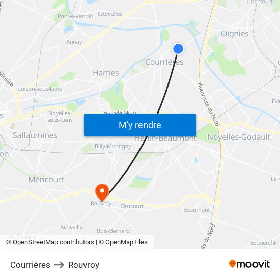 Courrières to Rouvroy map