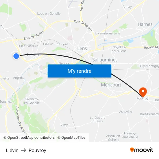 Liévin to Rouvroy map