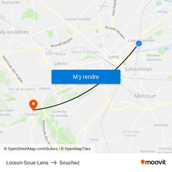 Loison-Sous-Lens to Souchez map