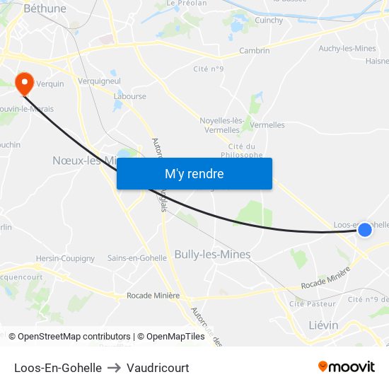 Loos-En-Gohelle to Vaudricourt map