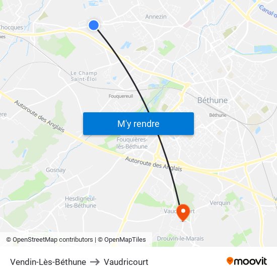 Vendin-Lès-Béthune to Vaudricourt map