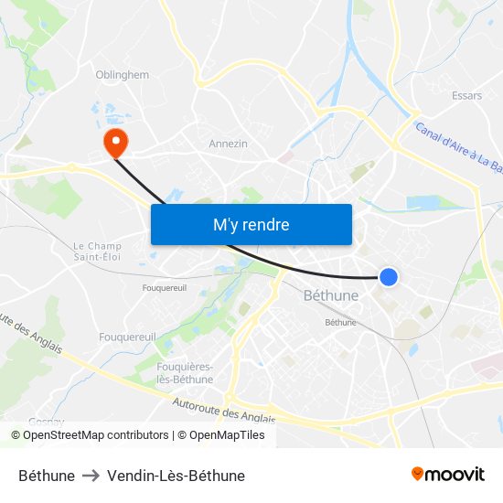 Béthune to Vendin-Lès-Béthune map