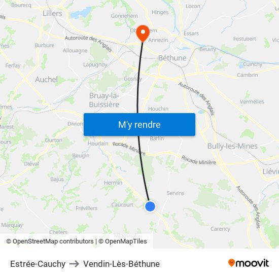 Estrée-Cauchy to Vendin-Lès-Béthune map