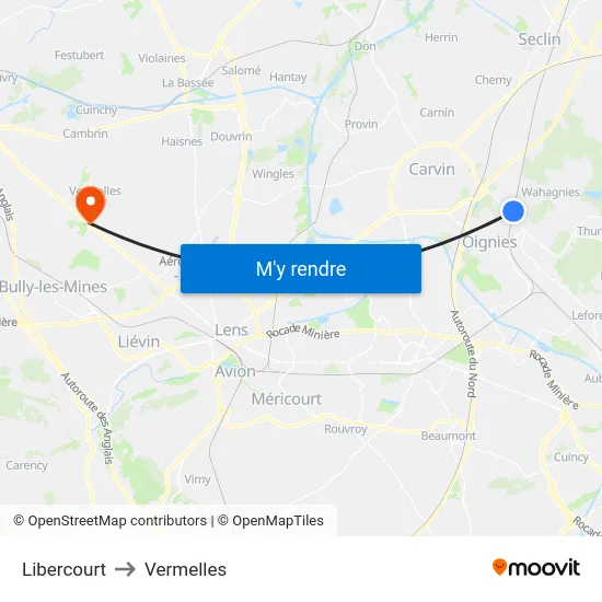 Libercourt to Vermelles map