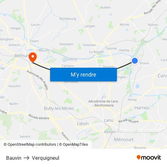 Bauvin to Verquigneul map