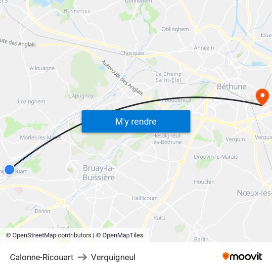 Calonne-Ricouart to Verquigneul map