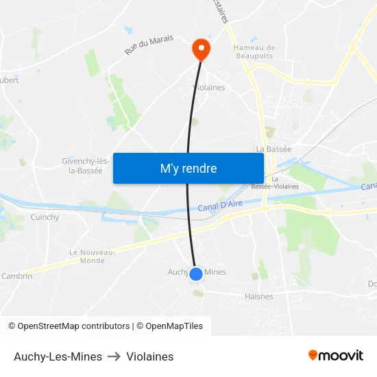 Auchy-Les-Mines to Violaines map