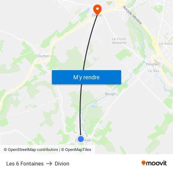 Les 6 Fontaines to Divion map