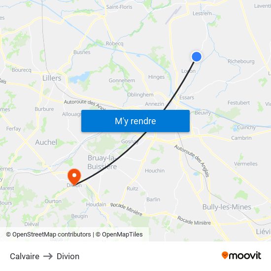 Calvaire to Divion map