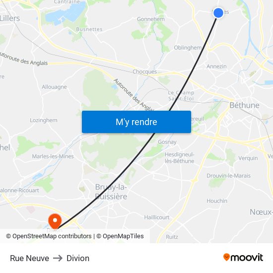 Rue Neuve to Divion map