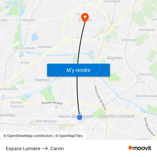 Espace Lumiere to Carvin map