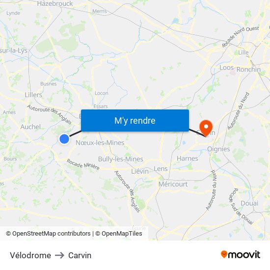 Vélodrome to Carvin map