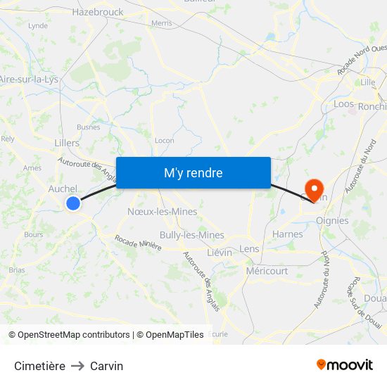 Cimetière to Carvin map