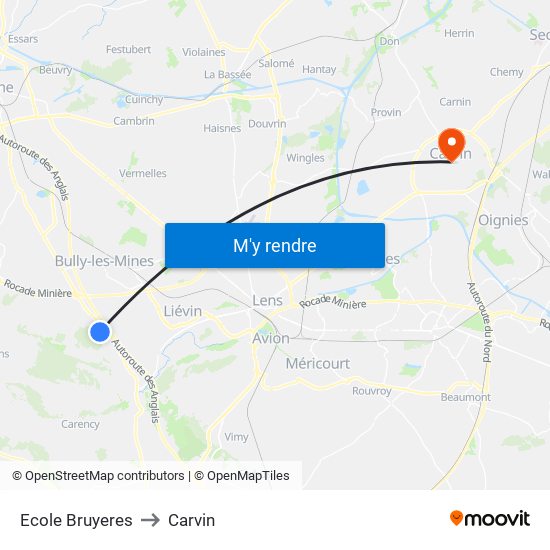 Ecole Bruyeres to Carvin map