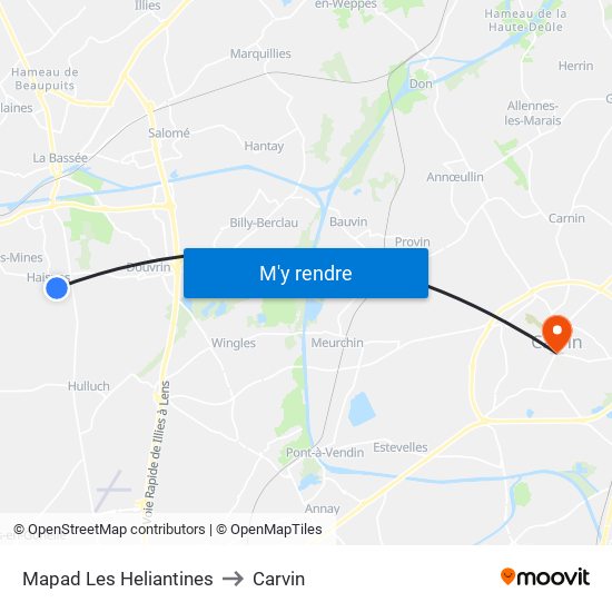 Mapad Les Heliantines to Carvin map