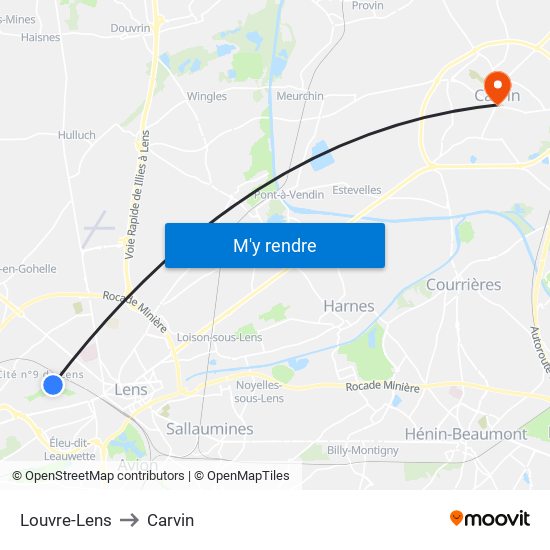 Louvre-Lens to Carvin map