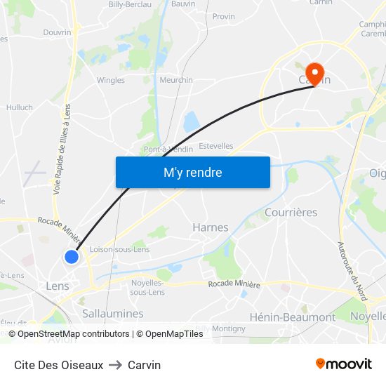 Cite Des Oiseaux to Carvin map