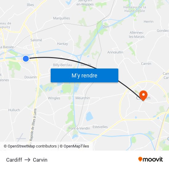 Cardiff to Carvin map