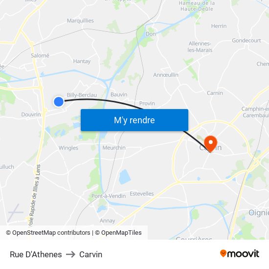 Rue D'Athenes to Carvin map