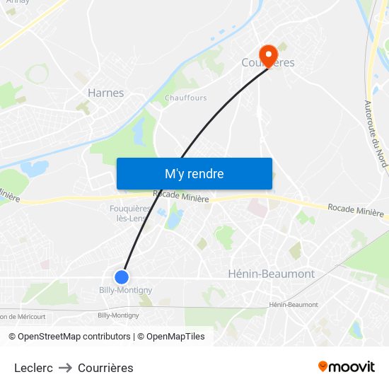 Leclerc to Courrières map