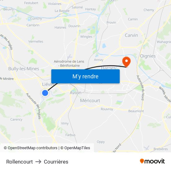 Rollencourt to Courrières map