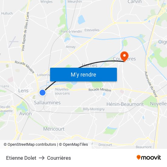 Etienne Dolet to Courrières map