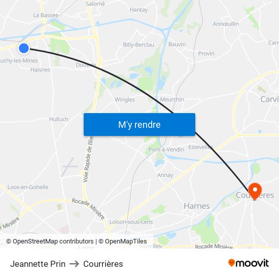 Jeannette Prin to Courrières map
