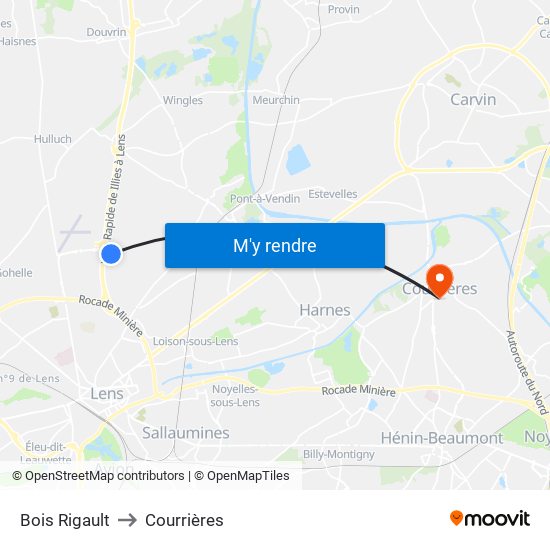 Bois Rigault to Courrières map