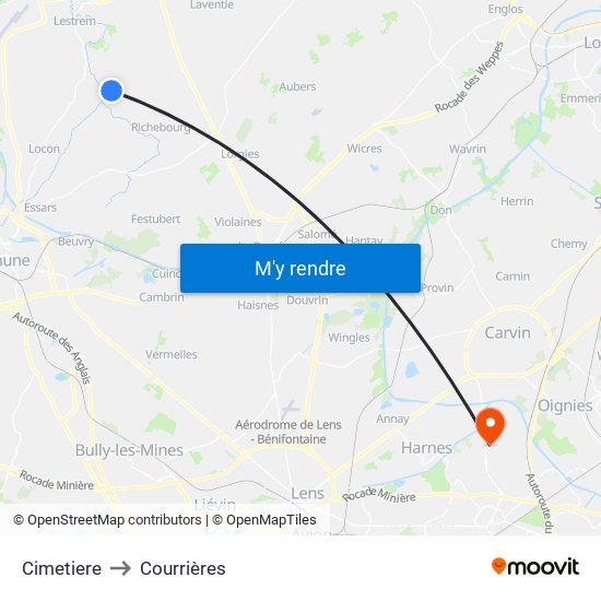 Cimetiere to Courrières map