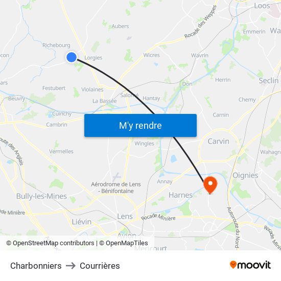 Charbonniers to Courrières map