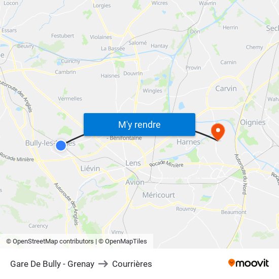 Gare De Bully - Grenay to Courrières map