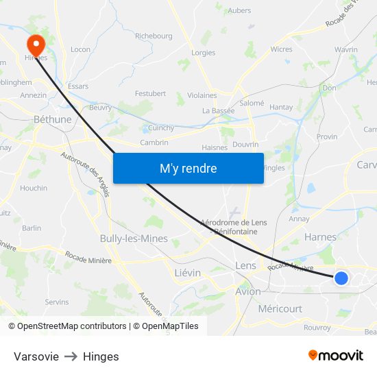 Varsovie to Hinges map